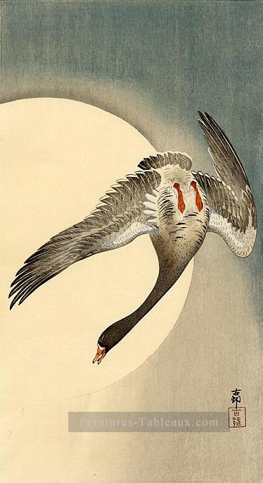 Flying Goose rieuses blanc vu de dessous en face de la lune Ohara KOSON Shin Hanga Peintures à l'huile